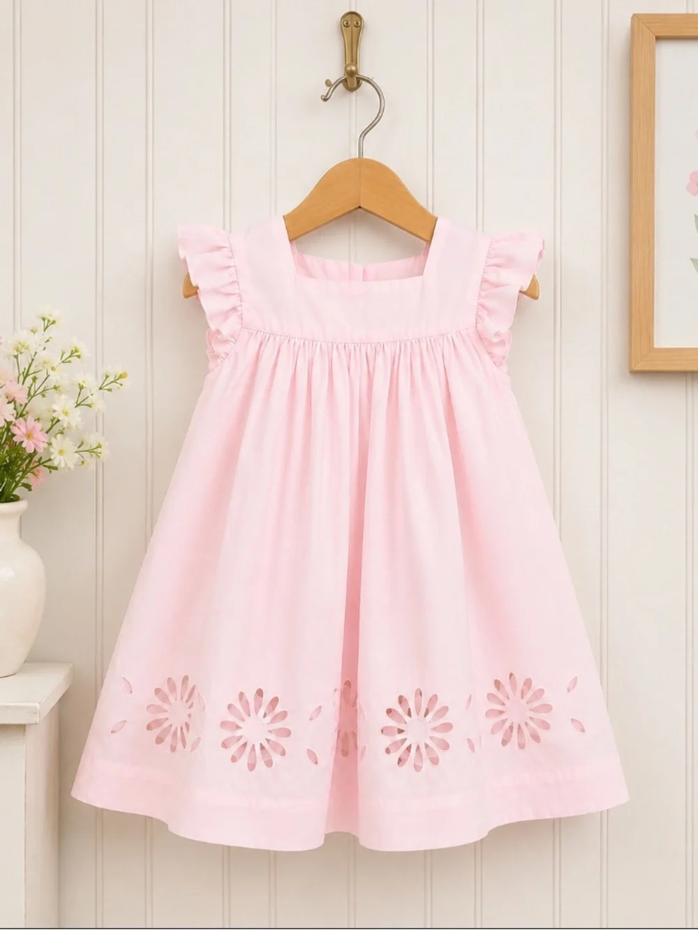 The Proper Peony  Light Pink Eyelet Hem Dress Ruffle Sleeve Sleeveless  Dress